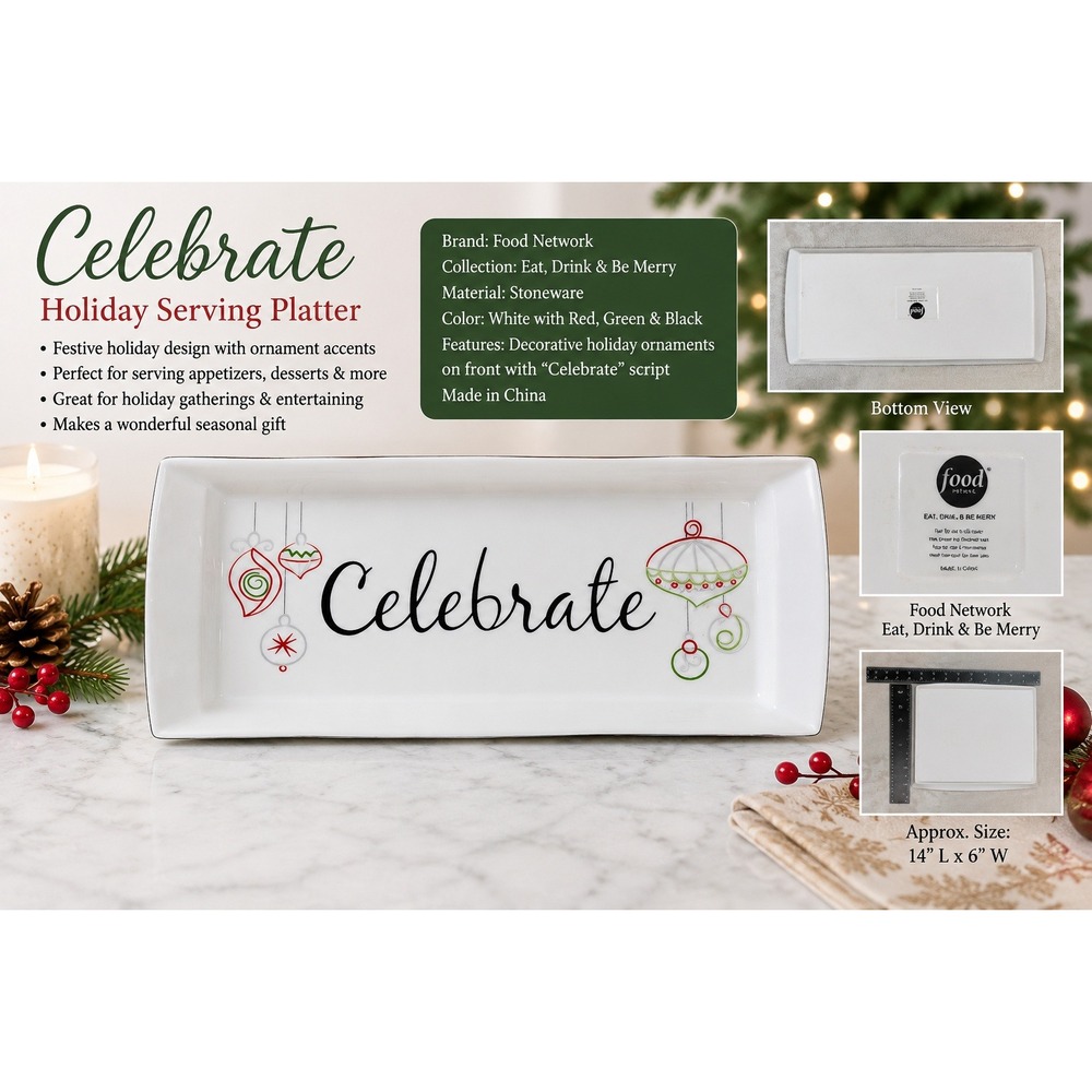 Food Network Celebrate Christmas Ornament Ceramic Serving Platter Tray Wh 14in‎